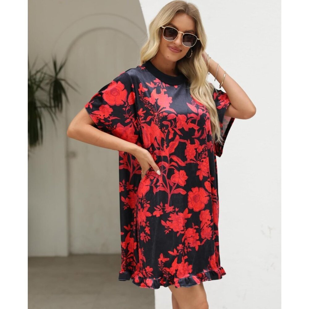 Women's Red Vintage Velvet Dress Mini Floral Printed Short Sleeve - Picture 5 of 7
